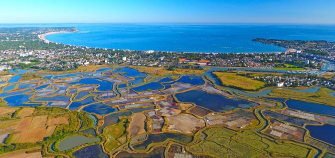 An aerial view of La Baule from Guerande salt marshes